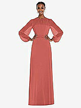 Alt View 1 Thumbnail - Coral Pink Strapless Chiffon Maxi Dress with Puff Sleeve Blouson Overlay 