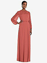 Front View Thumbnail - Coral Pink Strapless Chiffon Maxi Dress with Puff Sleeve Blouson Overlay 