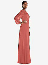 Side View Thumbnail - Coral Pink Strapless Chiffon Maxi Dress with Puff Sleeve Blouson Overlay 