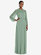 Front View Thumbnail - Seagrass Strapless Chiffon Maxi Dress with Puff Sleeve Blouson Overlay 