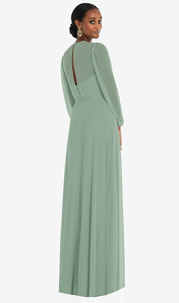 Back View - Seagrass Strapless Chiffon Maxi Dress with Puff Sleeve Blouson Overlay 