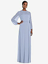 Front View Thumbnail - Sky Blue Strapless Chiffon Maxi Dress with Puff Sleeve Blouson Overlay 