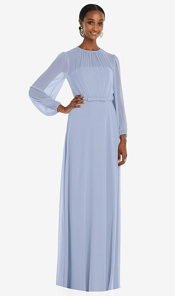 Front View - Sky Blue Strapless Chiffon Maxi Dress with Puff Sleeve Blouson Overlay 