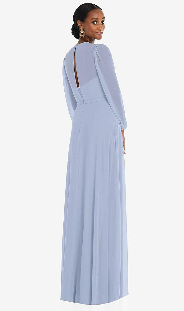 Back View - Sky Blue Strapless Chiffon Maxi Dress with Puff Sleeve Blouson Overlay 