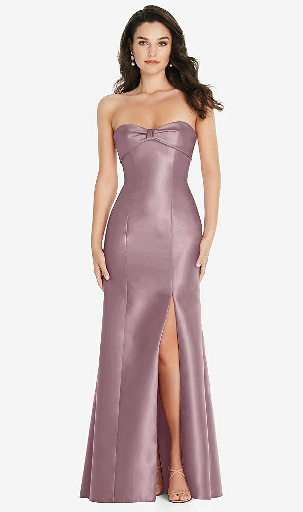 Front View - Dusty Rose Bow Cuff Strapless Princess Waist Trumpet Gown