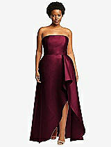 Front View Thumbnail - Cabernet Strapless Satin Gown with Draped Front Slit and Pockets