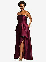 Side View Thumbnail - Cabernet Strapless Satin Gown with Draped Front Slit and Pockets