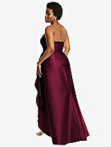 Rear View Thumbnail - Cabernet Strapless Satin Gown with Draped Front Slit and Pockets