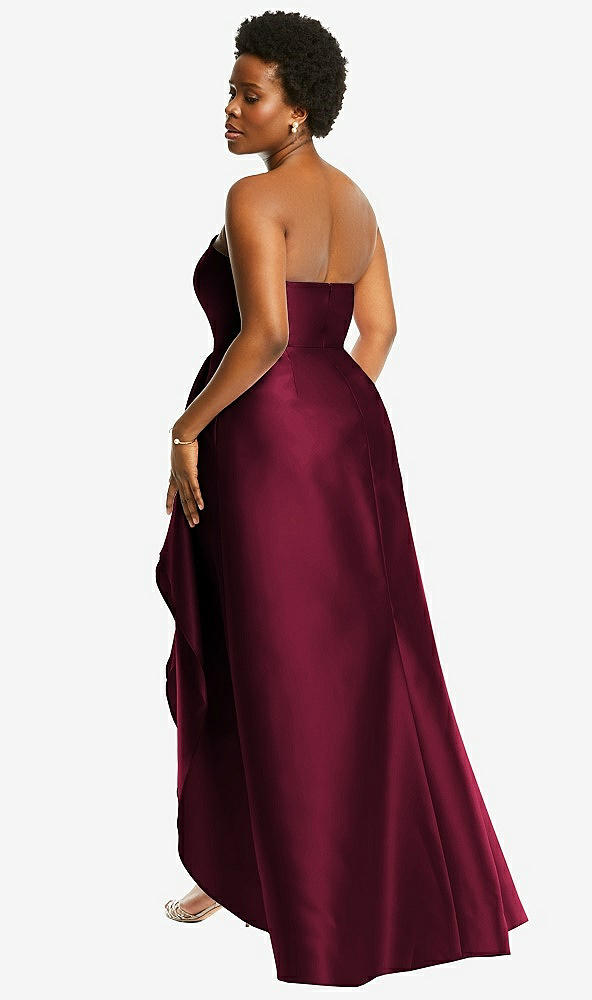 Back View - Cabernet Strapless Satin Gown with Draped Front Slit and Pockets