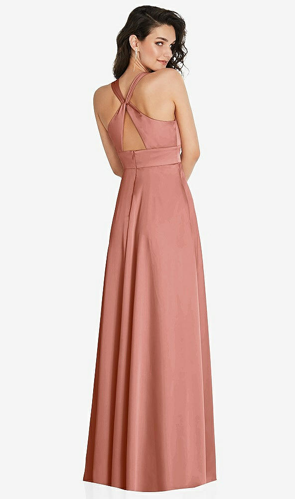 Back View - Desert Rose Shirred Shoulder Criss Cross Back Maxi Dress with Front Slit