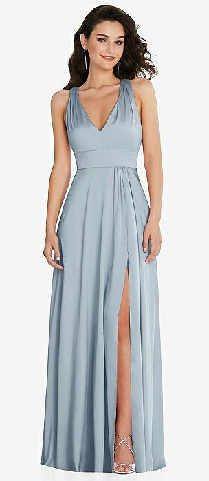 Criss-cross Cutout Back Maxi Bridesmaid Dress With Front Slit In Mist