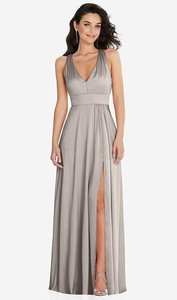 Front View - Taupe Shirred Shoulder Criss Cross Back Maxi Dress with Front Slit
