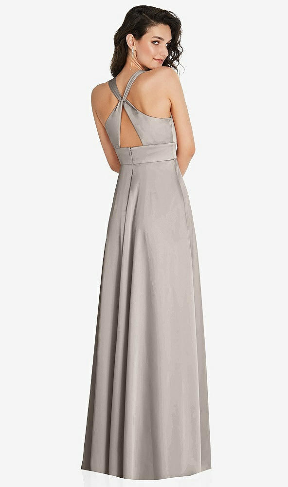 Back View - Taupe Shirred Shoulder Criss Cross Back Maxi Dress with Front Slit