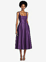 Front View Thumbnail - Majestic Square Neck Full Skirt Satin Midi Dress with Pockets