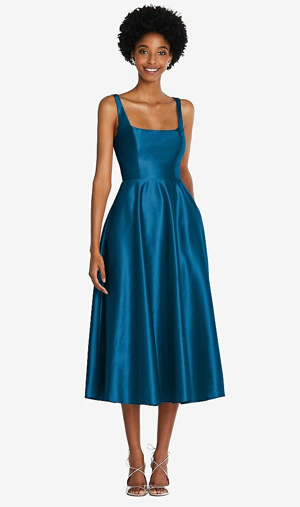 Front View - Ocean Blue Square Neck Full Skirt Satin Midi Dress with Pockets