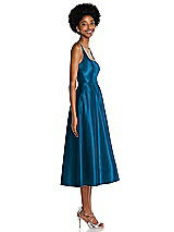 Side View Thumbnail - Ocean Blue Square Neck Full Skirt Satin Midi Dress with Pockets