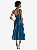 Rear View Thumbnail - Ocean Blue Square Neck Full Skirt Satin Midi Dress with Pockets