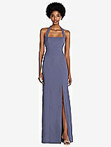 Front View Thumbnail - French Blue Tie Halter Open Back Trumpet Gown 