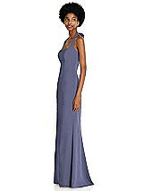 Side View Thumbnail - French Blue Tie Halter Open Back Trumpet Gown 
