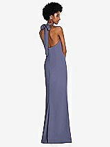 Rear View Thumbnail - French Blue Tie Halter Open Back Trumpet Gown 