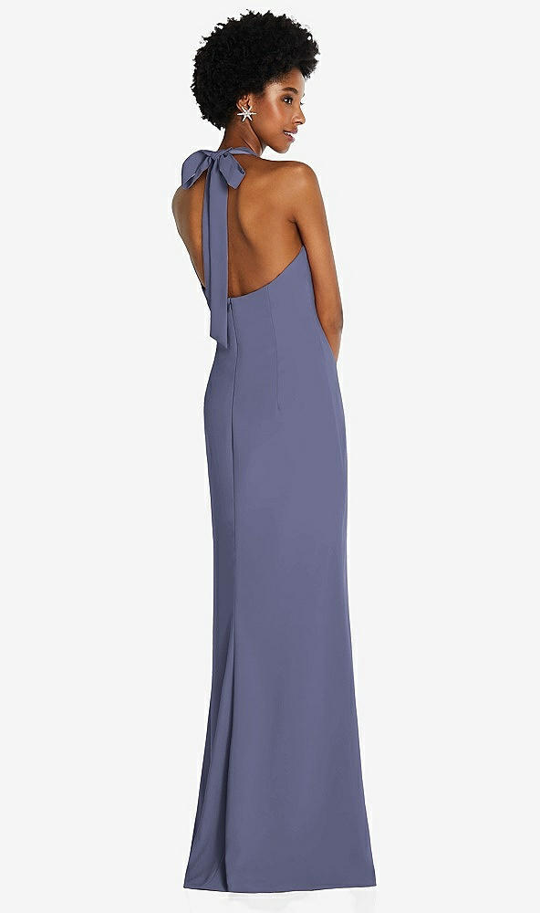 Back View - French Blue Tie Halter Open Back Trumpet Gown 