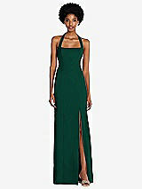 Front View Thumbnail - Hunter Green Tie Halter Open Back Trumpet Gown 
