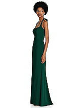 Side View Thumbnail - Hunter Green Tie Halter Open Back Trumpet Gown 