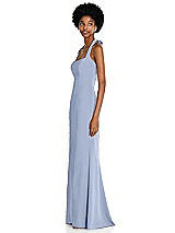 Side View Thumbnail - Sky Blue Tie Halter Open Back Trumpet Gown 