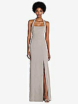 Front View Thumbnail - Taupe Tie Halter Open Back Trumpet Gown 