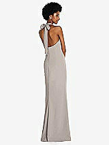 Rear View Thumbnail - Taupe Tie Halter Open Back Trumpet Gown 