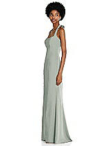 Side View Thumbnail - Willow Green Tie Halter Open Back Trumpet Gown 