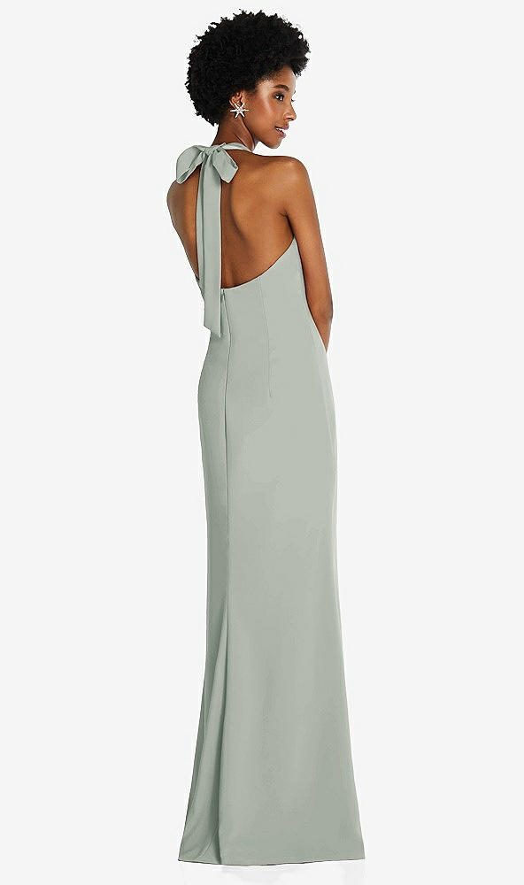Back View - Willow Green Tie Halter Open Back Trumpet Gown 
