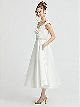 Side View Thumbnail - Off White Draped Off-the-Shoulder Satin Wedding Dress with Beaded Belt