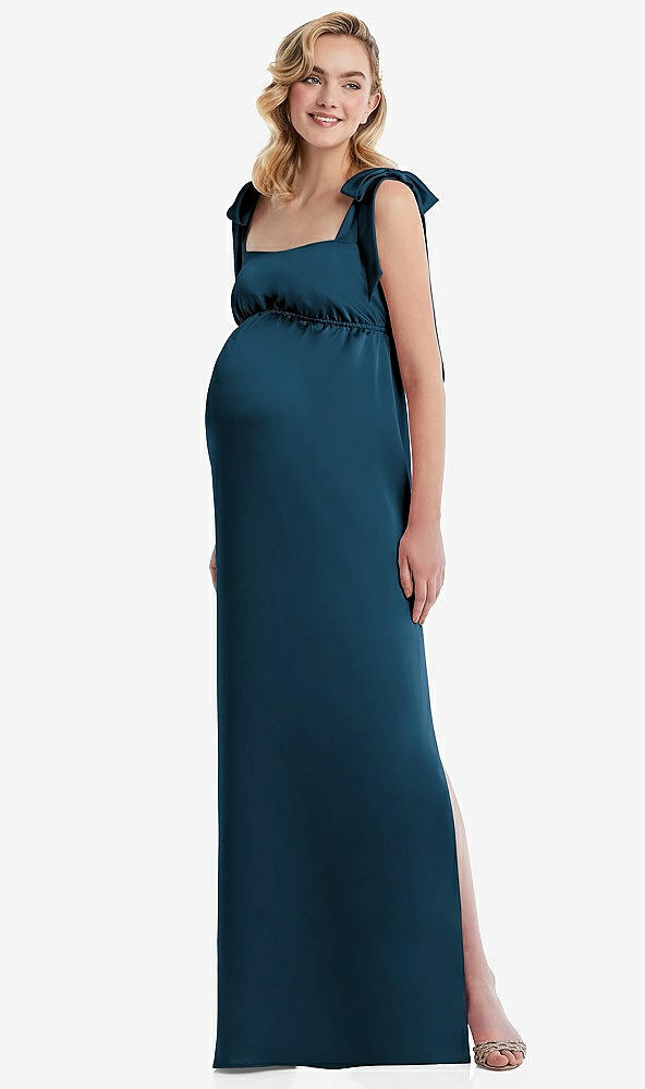 Front View - Atlantic Blue Flat Tie-Shoulder Empire Waist Maternity Dress