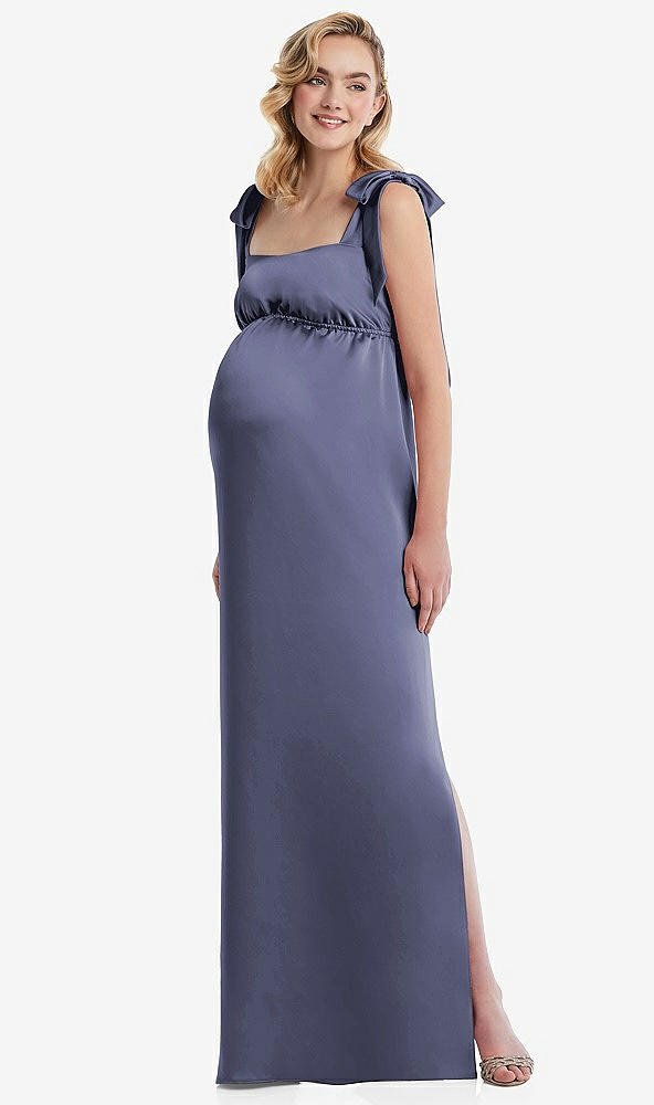 Front View - French Blue Flat Tie-Shoulder Empire Waist Maternity Dress