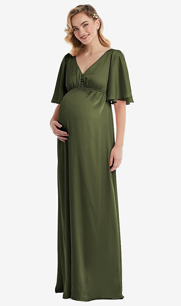 Front View - Olive Green Flutter Bell Sleeve Empire Maternity Dress