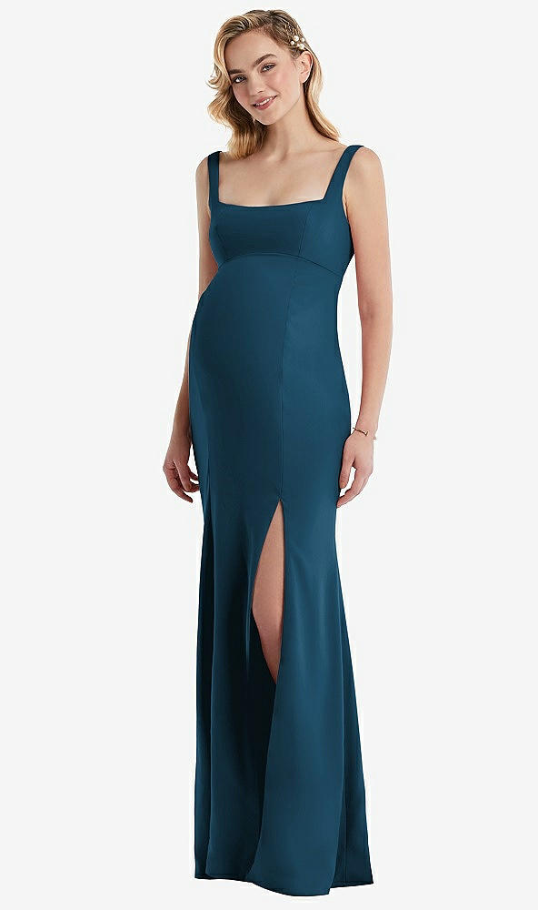 Front View - Atlantic Blue Wide Strap Square Neck Maternity Trumpet Gown