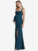 Side View Thumbnail - Atlantic Blue Wide Strap Square Neck Maternity Trumpet Gown