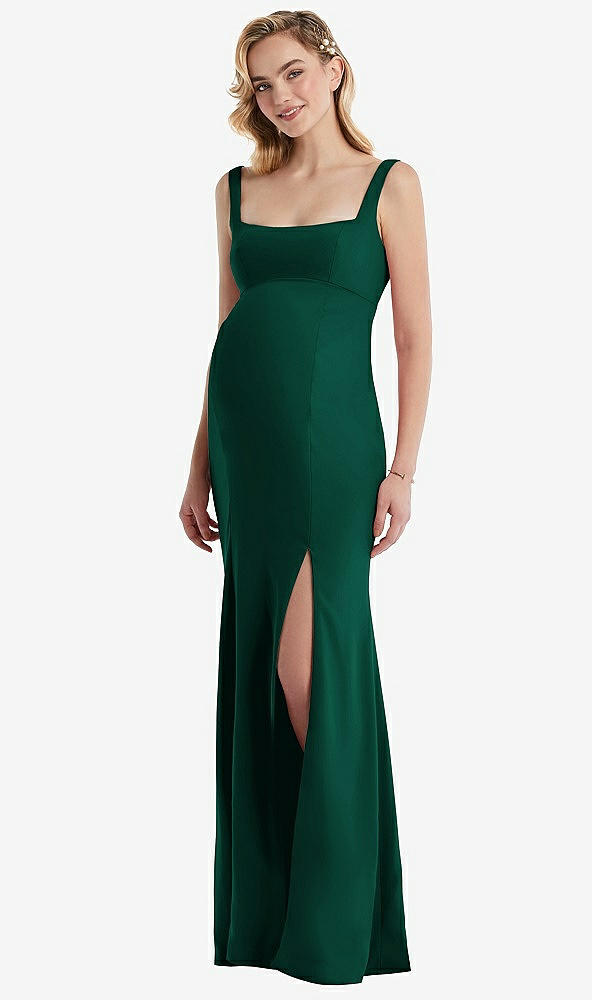 Front View - Hunter Green Wide Strap Square Neck Maternity Trumpet Gown