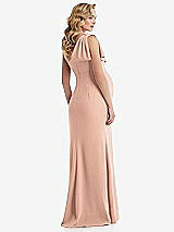 Rear View Thumbnail - Pale Peach One-Shoulder Ruffle Sleeve Maternity Trumpet Gown