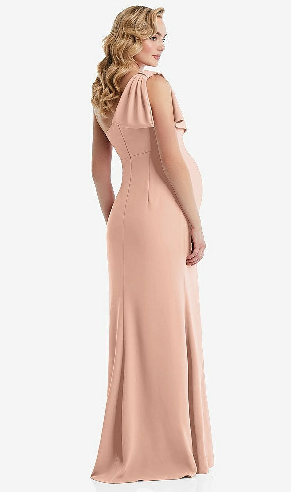 Back View - Pale Peach One-Shoulder Ruffle Sleeve Maternity Trumpet Gown