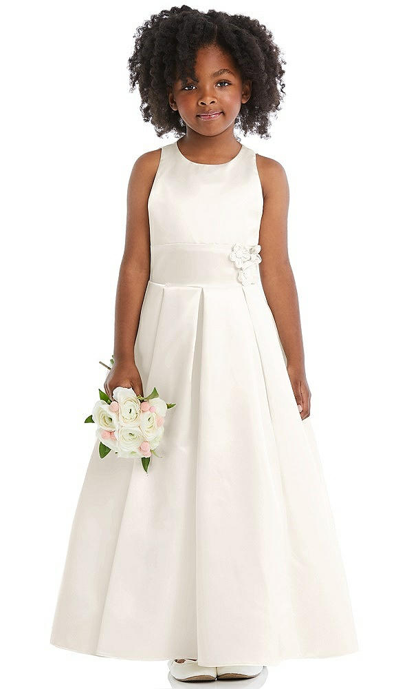 Front View - Ivory Pleated Skirt Satin Flower Girl Dress with Flower Detail