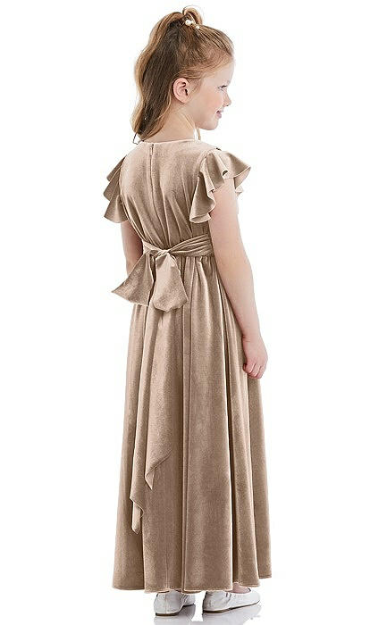 Ruched Flutter Sleeve Velvet Flower Girl Dress with Sash