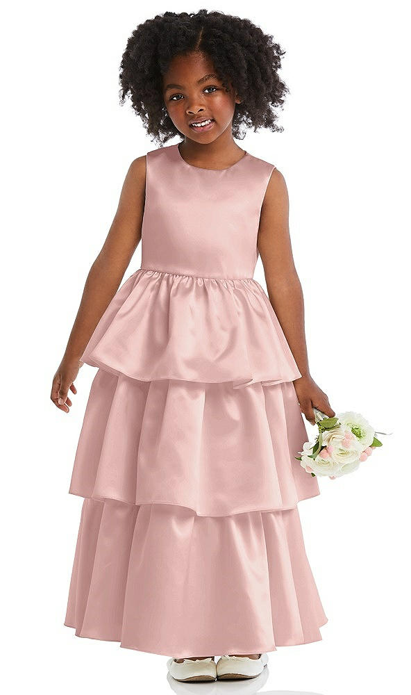 Front View - Rose - PANTONE Rose Quartz Jewel Neck Tiered Skirt Satin Flower Girl Dress