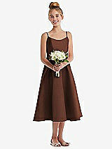Front View Thumbnail - Cognac Adjustable Spaghetti Strap Satin Midi Junior Bridesmaid Dress
