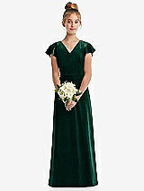 Front View Thumbnail - Evergreen Flutter Sleeve Tie Back Velvet Junior Bridesmaid Dress