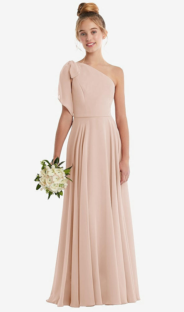 Front View - Cameo One-Shoulder Scarf Bow Chiffon Junior Bridesmaid Dress