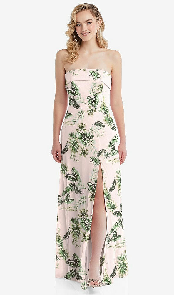 Front View - Palm Beach Print Cuffed Strapless Maxi Dress with Front Slit