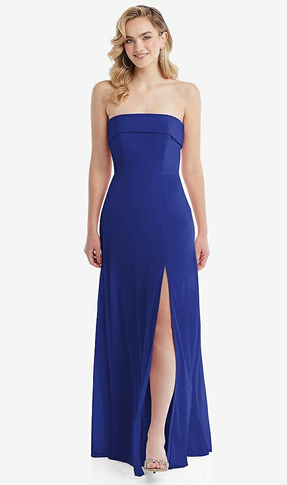Front View - Cobalt Blue Cuffed Strapless Maxi Dress with Front Slit