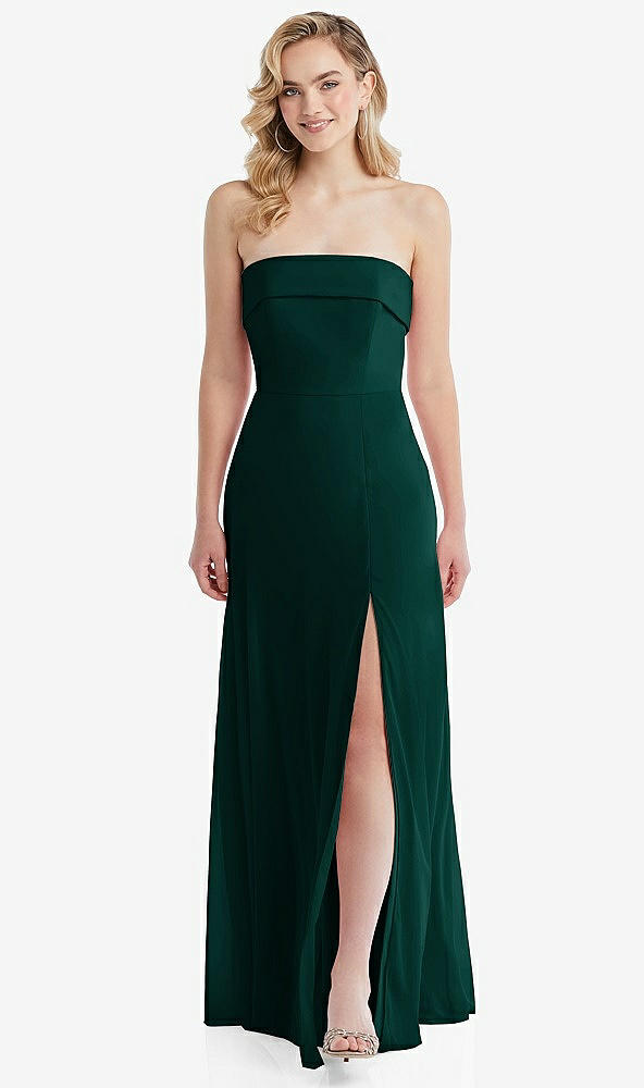 Front View - Evergreen Cuffed Strapless Maxi Dress with Front Slit